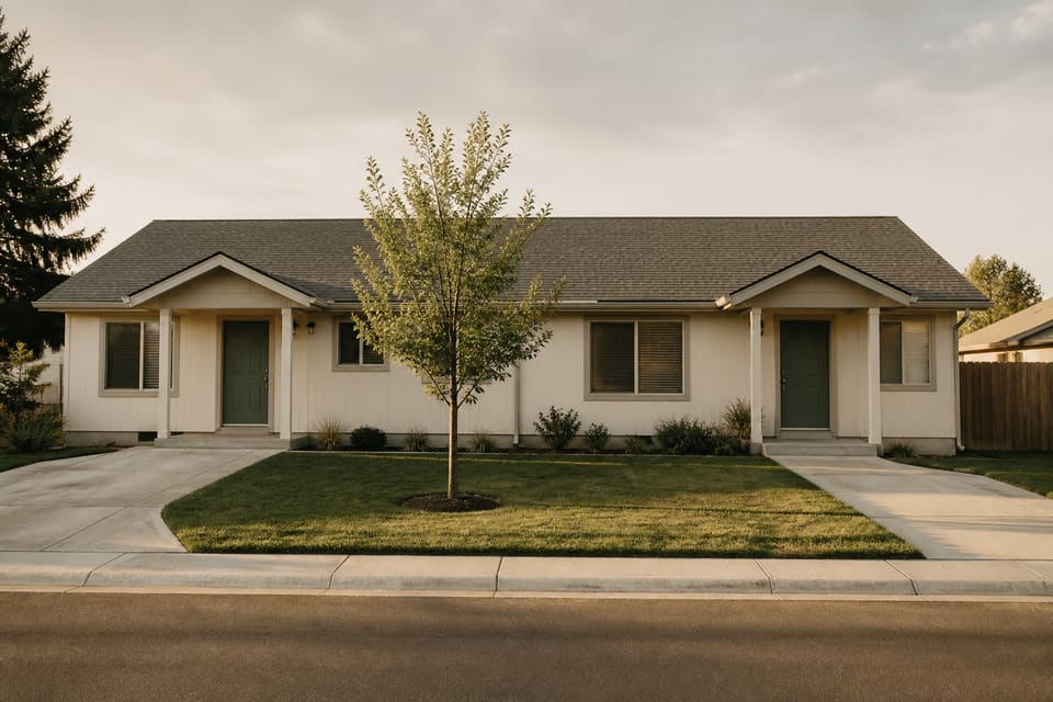 Modest side-by-side rental duplex with a shared lawn in late-afternoon light. Illustrative property.